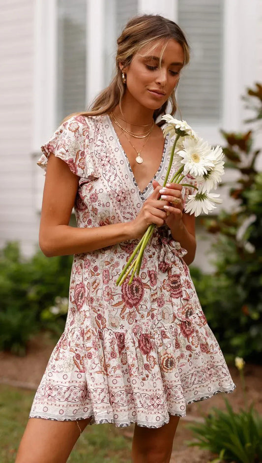 Green Floral Deep V-neck Boho Sundress