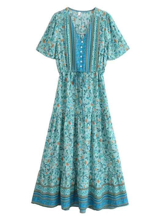 Green Floral Ruffles Sleeve Boho Dress