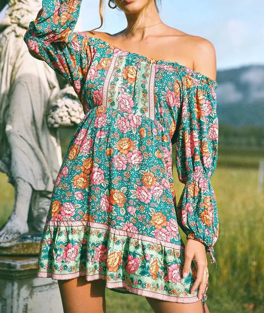 Green Floral Print Off Shoulder Long Sleeve Vacation Mini Boho Sundress