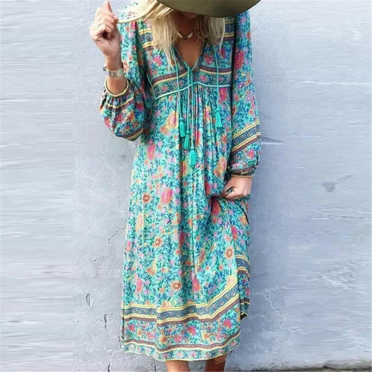 Green Floral Print Tassel Rayon Cotton Beach Maxi Boho Dress