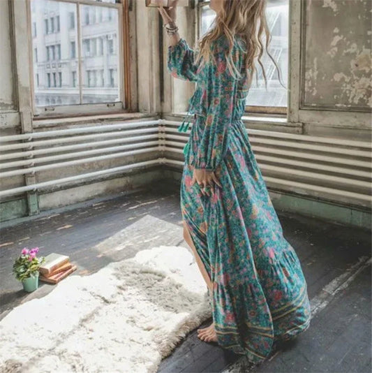 Green Floral Print Tassel Rayon Cotton Beach Maxi Boho Dress