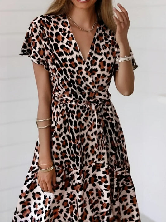 Leopard Print Vacation Wrap Mini Boho Dress