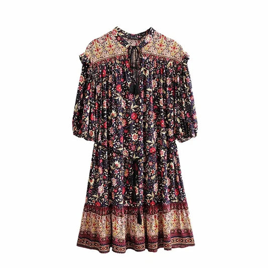 Multi Floral Print V-neck Half Sleeve Loose Mini Boho Dress