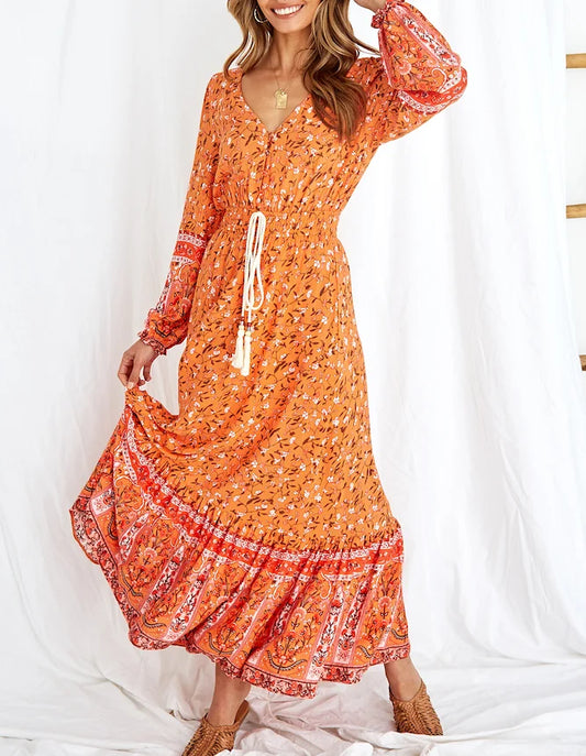 Orange Floral Print Elastic Waist Rayon Cotton Maxi Boho Dress