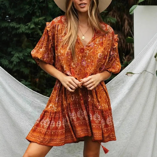 Orange Floral Print Lantern Sleeve Tassel Rayon Mini Boho Dress