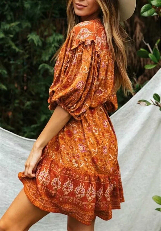 Orange Floral Print Lantern Sleeve Tassel Rayon Mini Boho Dress