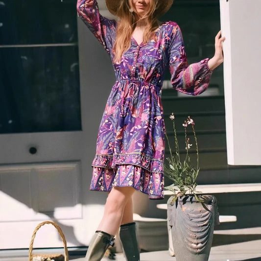 Purple Floral Button Ruffles Boho Mini Dress