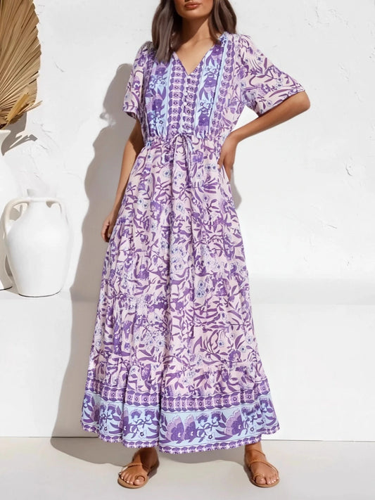 Purple Floral Print Button V-neck Pleated Rayon Maxi Boho Dress