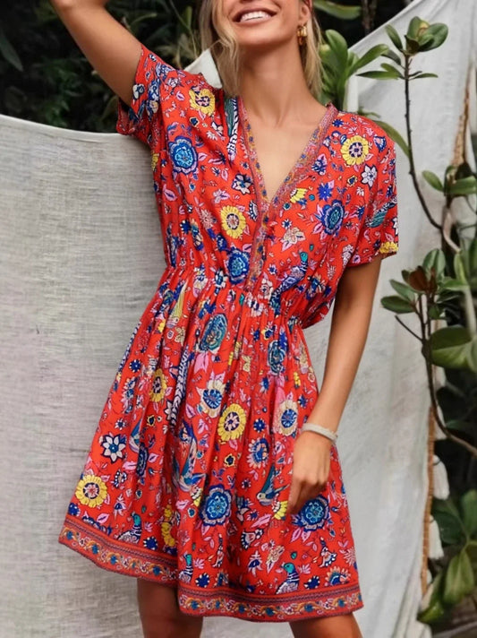 Red Floral Peacock Print V-neck Short Sleeve Casual Mini Boho Dress