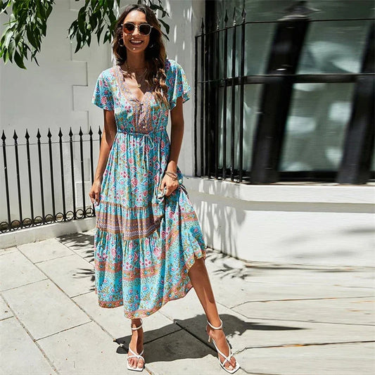 Red Floral Print Bat Sleeve Tassel V-neck Summer Boho Dress