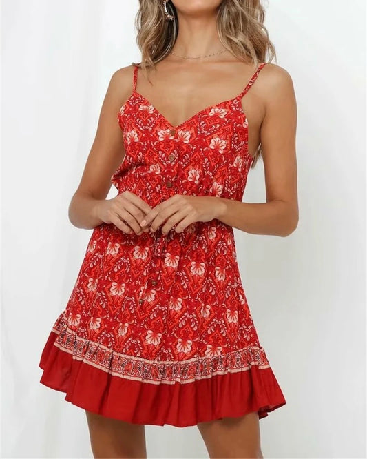 Red Floral Print Strapless Sleeveless Rayon Mini Beach Boho Dress