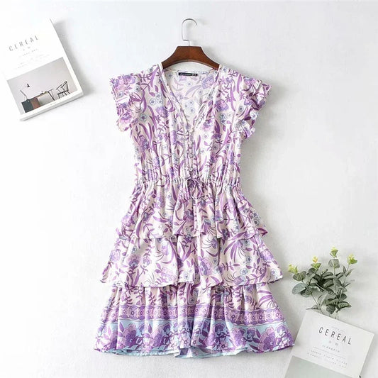 Ruffles Sleeve Floral Beach Boho Mini Dress