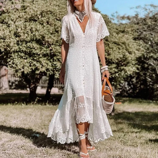 Solid Floral Short Sleeve Boho Dress