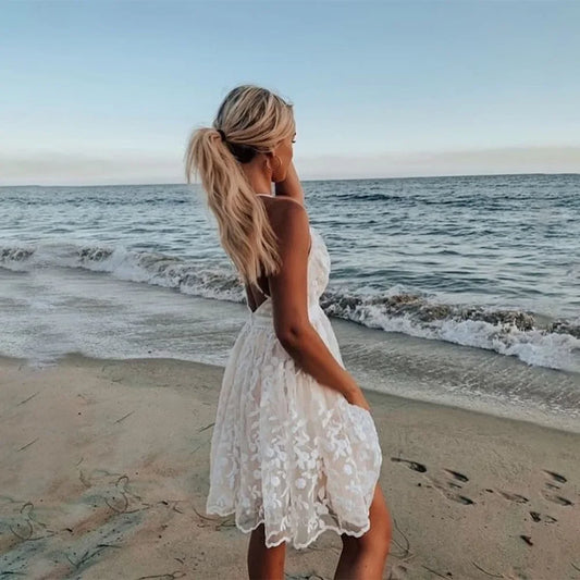 Solid Sleeveless Backless Lace Boho Dress