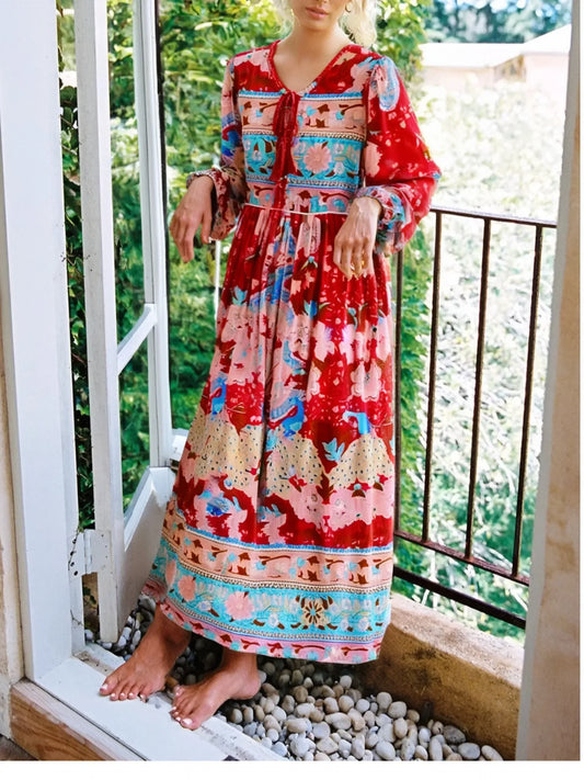 Tassel Red Floral Print Rayon Cotton Pleated Long Maxi Boho Sundress