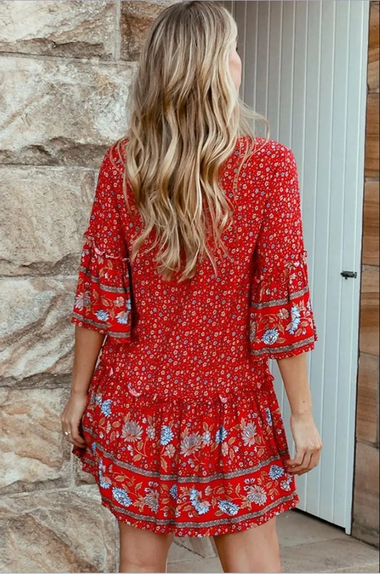 Tie Neck Ruffles Floral Print Rayon Summer Mini Vacation Boho Dress