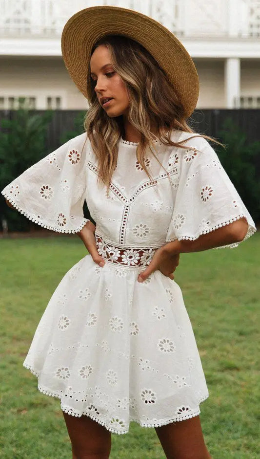 White Cotton Half Sleeve Sexy Backless Hollow Out Mini Boho Dress