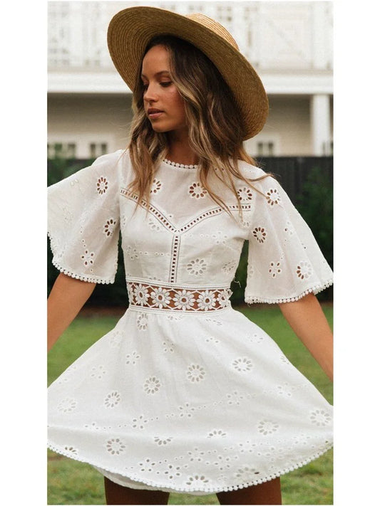 White Cotton Half Sleeve Sexy Backless Hollow Out Mini Boho Dress