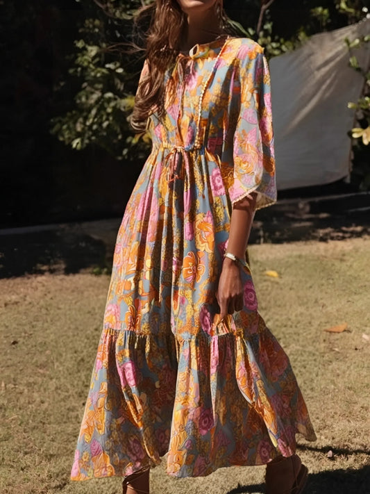 Yellow Floral Print Batwing Sleeve Beach Summer Maxi Boho Dress