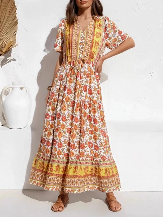 Yellow Floral Print Ruffle Sleeve Pleated Summer Maxi Boho Dress