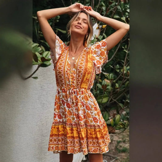 Yellow Floral Lace-up Rayon Boho Dress