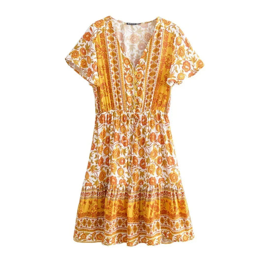 Yellow Floral Lace-up Rayon Boho Dress