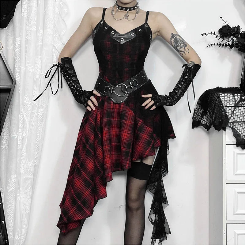 Harajuku Gothic Plaid Y2K 2000S Lace Patchwork Spaghetti Strap Streetwear V-Neck Dress