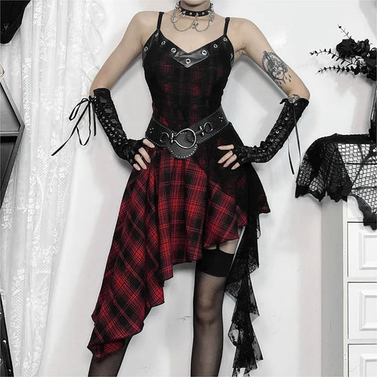 Harajuku Gothic Plaid Y2K 2000s Lace Patchwork Spaghetti Strap Streetwear V-Neck Gothic Dress