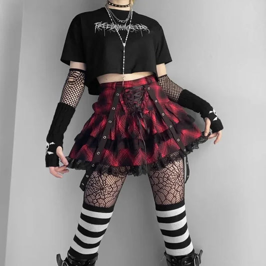 Harajuku Plaid Gothic Girl High Waist Plaided Lolita Mini Sets Japanese Fashion Streetwear Skirt