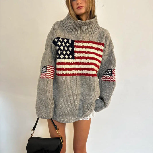 Harajuku Retro  US Flag  High Neck Sweater