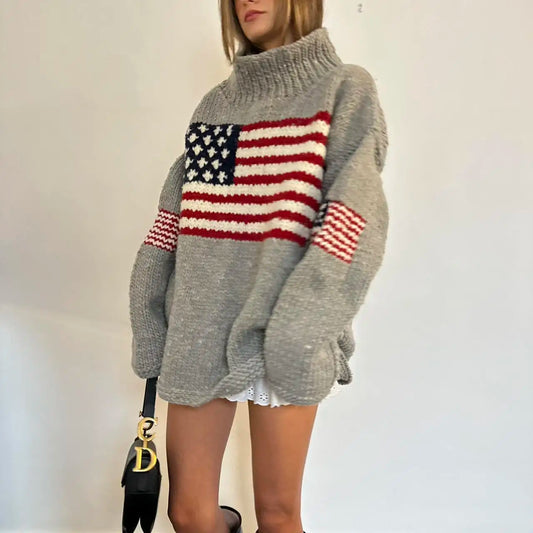 Harajuku Retro  US Flag  High Neck Sweater