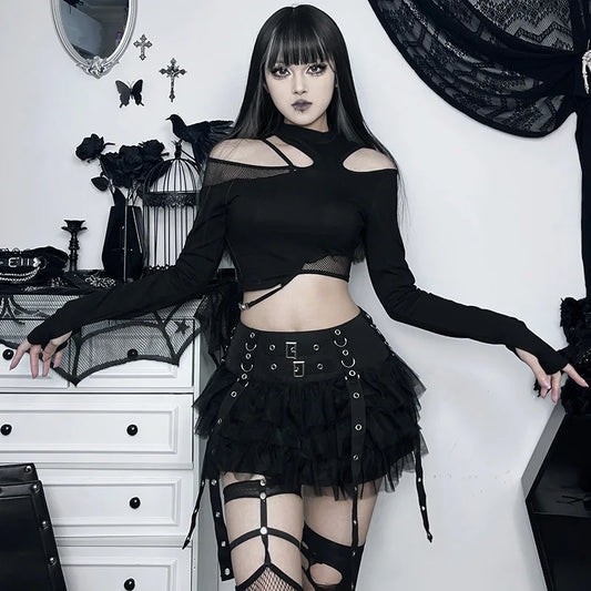 Harajuku Gothic Dark Women CyberY2k E-girl Streetwear Hip Hop Eyelet Ribbons Mesh Patchwork Cake Skirt