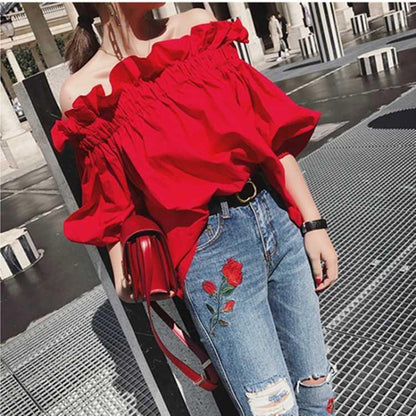 Youth Korean the Designer Fashion Blouses Blouse Arm Luxury Off Woman Puff shoulder Ruffles Tops Elegant New