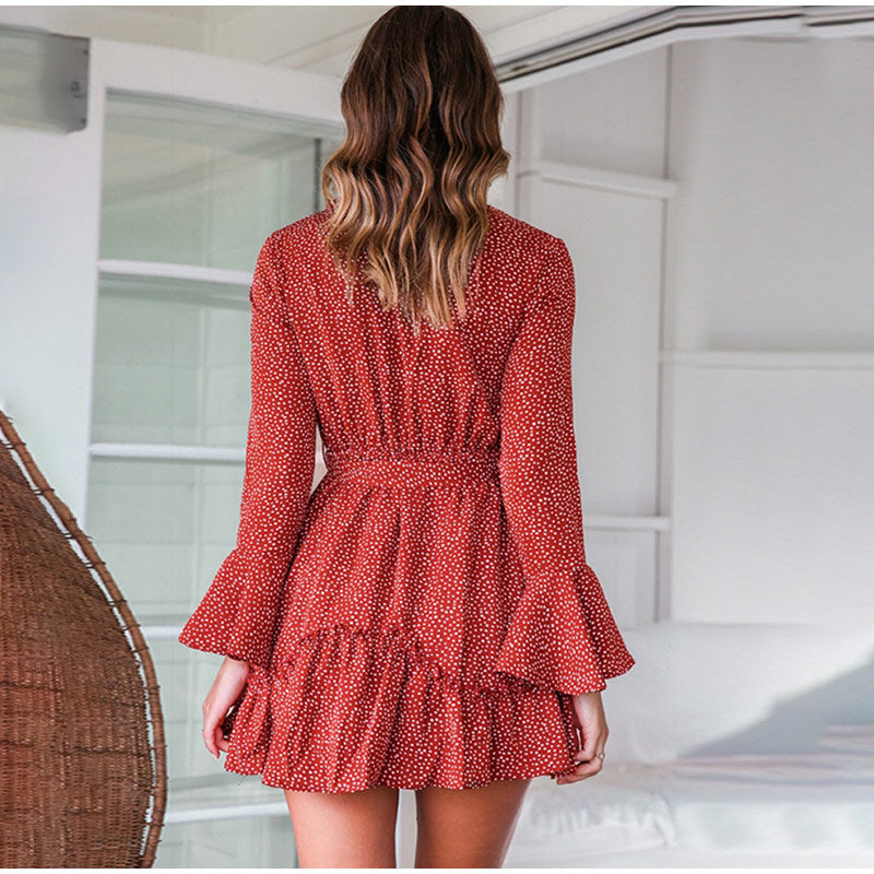 Floral Print V-Neck Belt Mini Dress with Ruffle Flared Long Sleeves