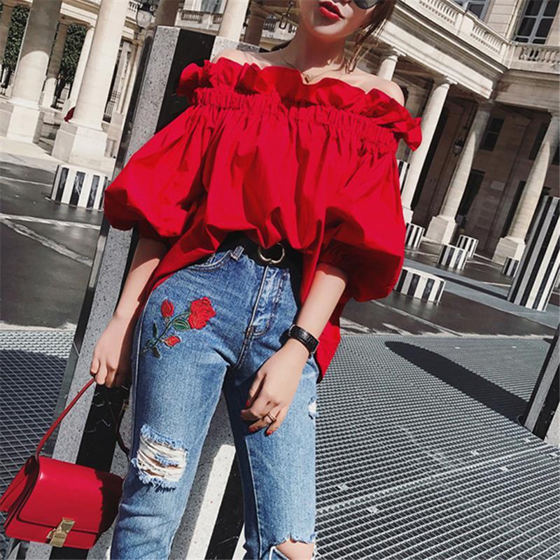 Youth Korean the Designer Fashion Blouses Blouse Arm Luxury Off Woman Puff shoulder Ruffles Tops Elegant New