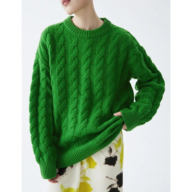 Heavy weight Merino Woolen Versatile Lazy Loose Round Neck Twisted Flower Christmas Sweater