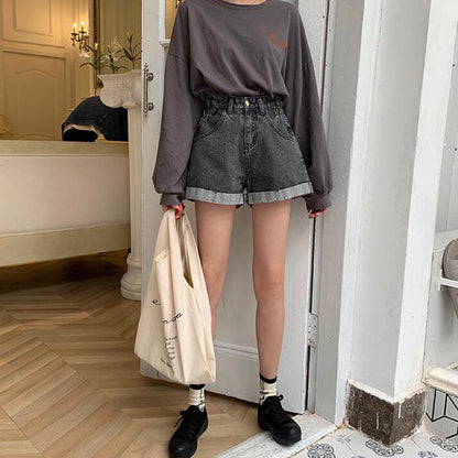 Brief Warm-Season Casual Waist Fashion Elastic Leg Women High Jeans Shorts Waist Denim Wide Loose Size Plus Female