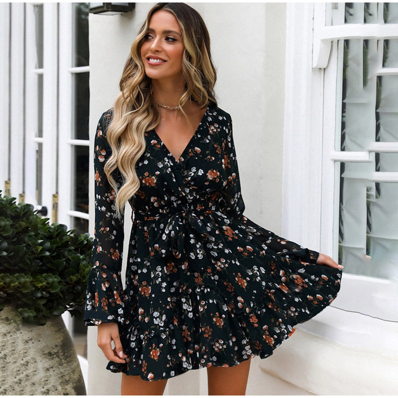 Floral Print V-Neck Belt Mini Dress with Ruffle Flared Long Sleeves