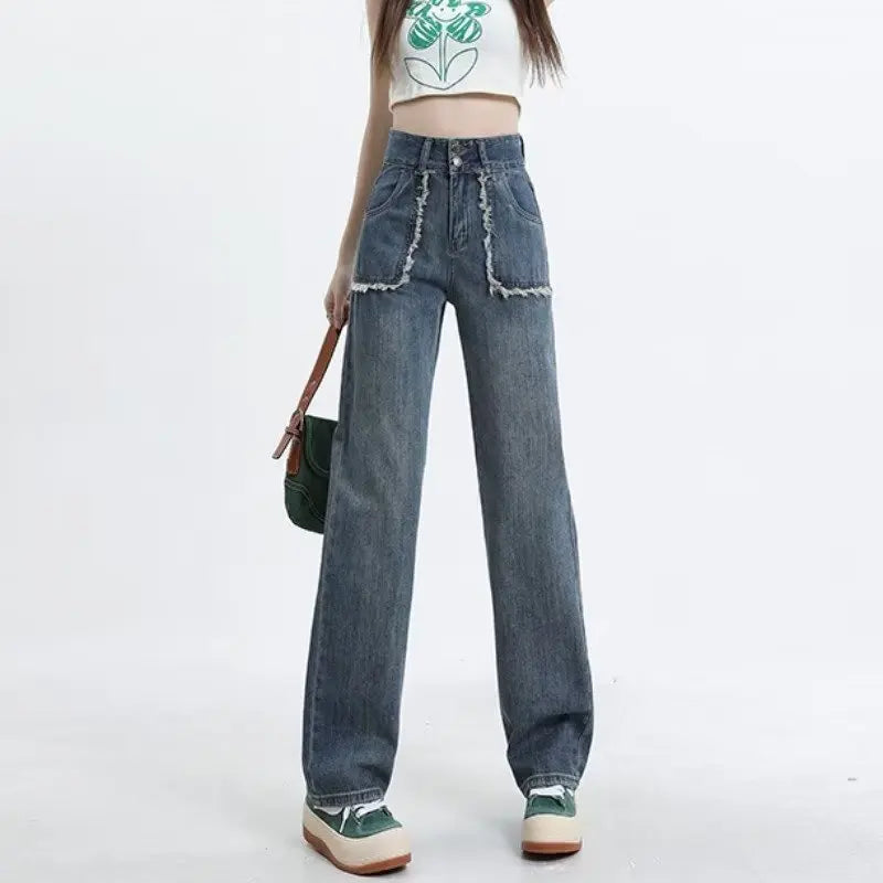 High End Raw Edge Stitching Design Lifting Buttocks Slimming Straight Wash Summer Denim Jean