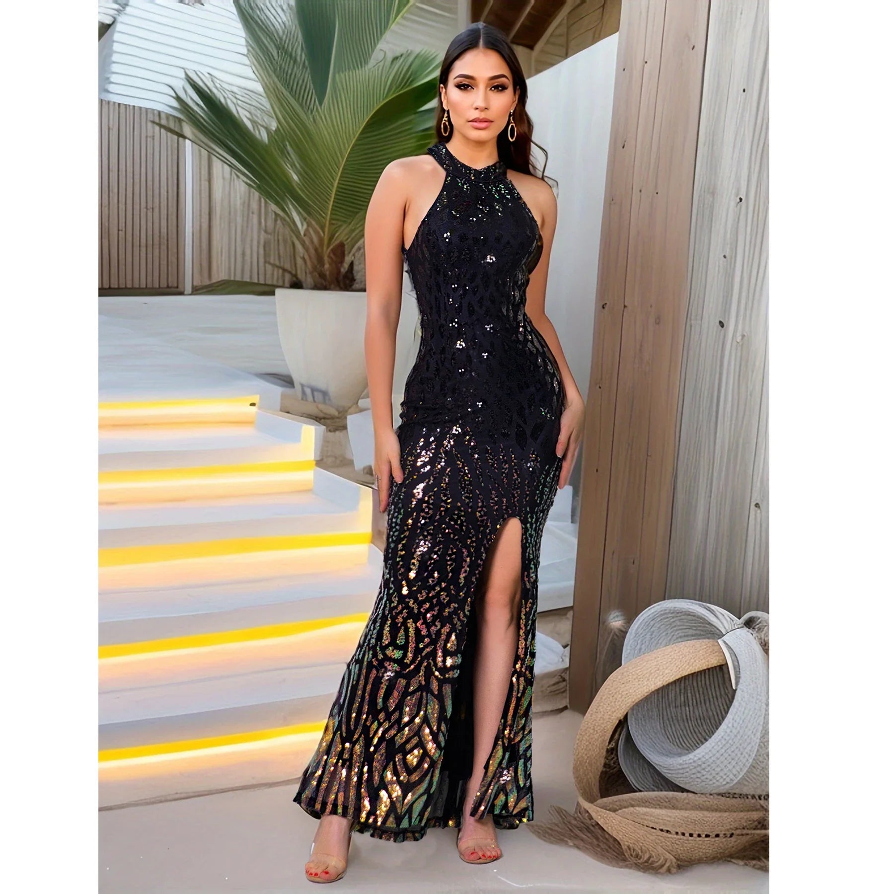 High Neck Sequin Front Slit Party Dress Black / S Partydress-241208