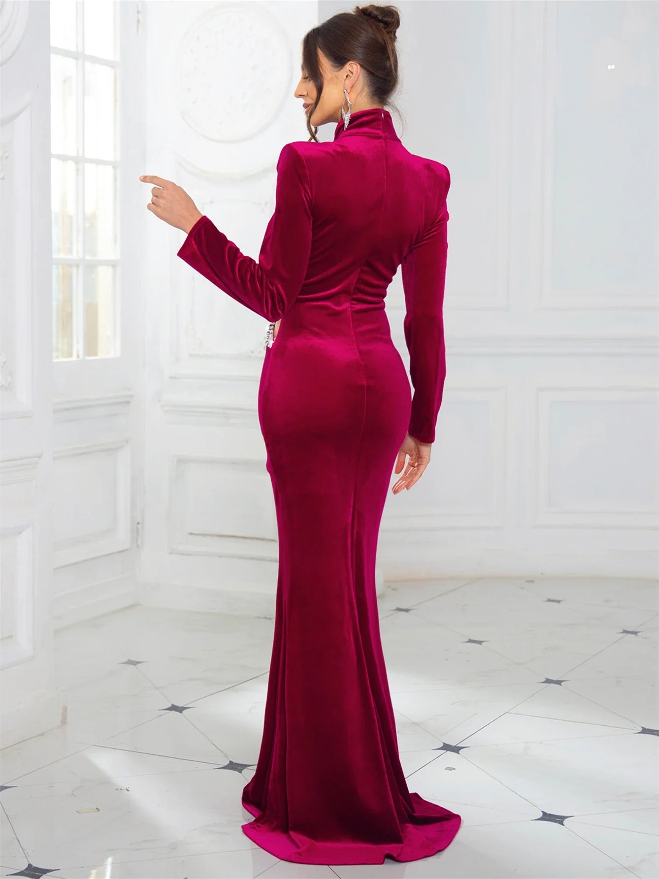 High Neck Velvet Rhinestone Maxi Party Dress Partydress-241208