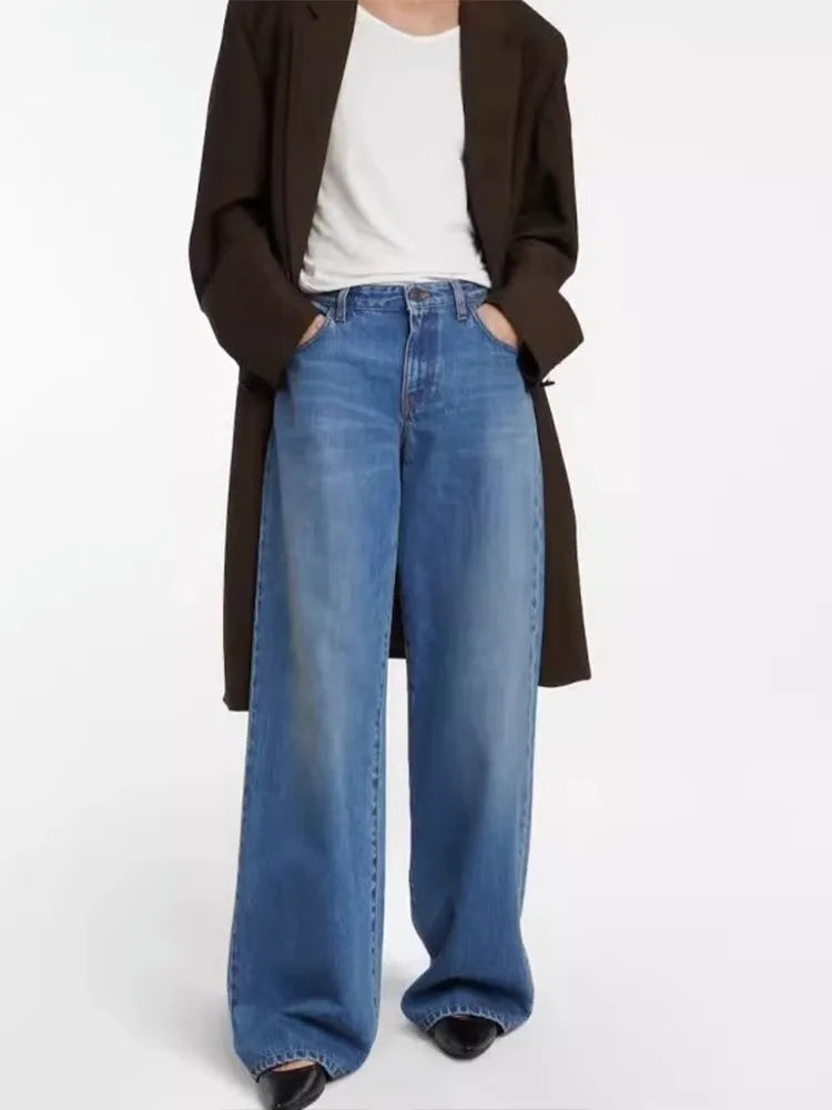 High Quality Autumn New Floor-length Denim High-waisted Minimalist Style Loose Wide-leg Jean