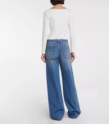 High Quality Autumn New Floor-length Denim High-waisted Minimalist Style Loose Wide-leg Jean