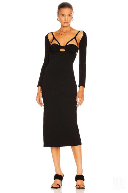 Black Long Sleeve V-neck Rayon Bandage Elegant Cocktail Party Sexy Vestidos Midi Dress