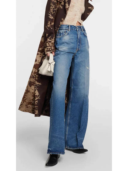 High Quality High-Waisted Vintage Denim Women's Frayed Versatile Blue Straight Wide-Leg Ladies 2024 Autumn Jean