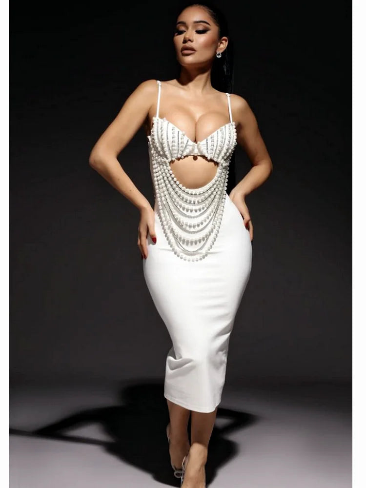 Pearl Beaded Spaghetti Strap Midi Party Dress Partydress-241208