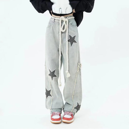 Stars Embroidery High Waist Jeans Pants