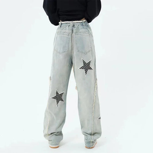 Stars Embroidery High Waist Jeans Pants