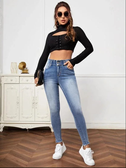 High Stretch Ripped Casual Fashion Elastic Waist Skinny Slim Autumn Jean