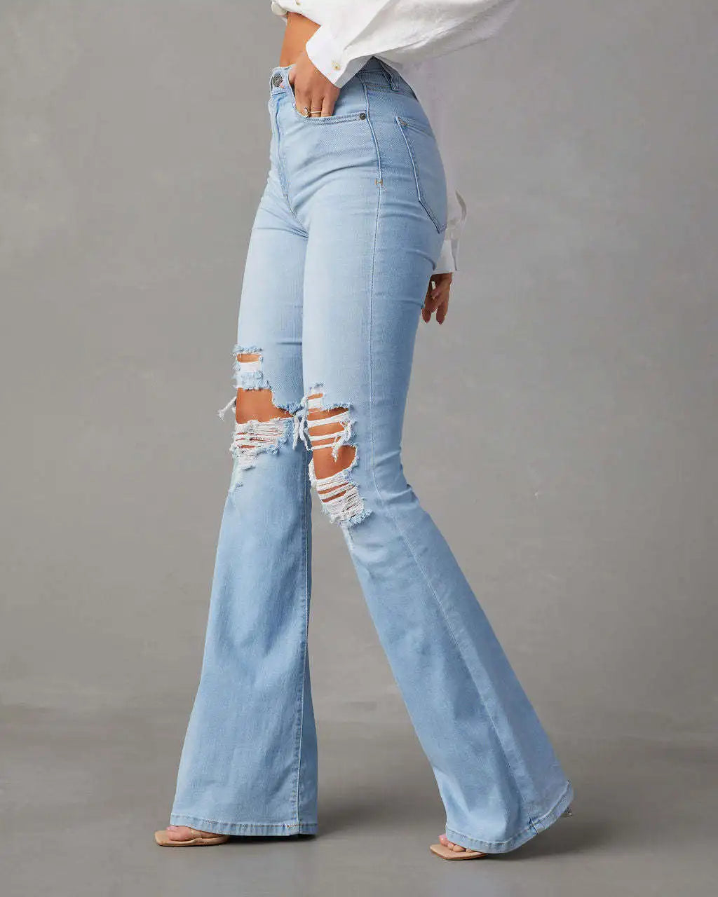 High Waist Flare for Women Fashion Ripped Distressed Denim Woman Bottom Streetwear Ladies Jean